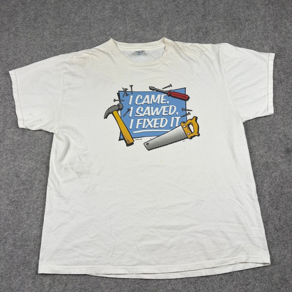90s Mechanic  Graphic T Shirt Mens XL I Came I Sawed I‎ Fixed It White Humor